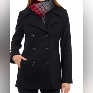 🆕London Fog Med Double-Breasted Wool Blend Peacoat w/Coordinating Fringed Scarf